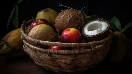 A coconut in a basket of other fruits, ready to be eaten. Generative AI