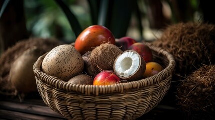 A coconut in a basket of other fruits, ready to be eaten. Generative AI