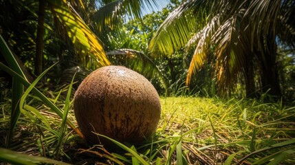 A coconut on a grassy field, surrounded by other tropical plants. Generative AI
