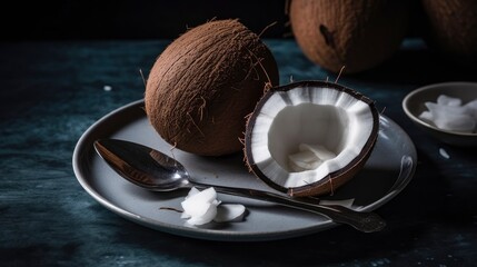 A coconut on a plate next to a spoon, with a bite taken out of it. Generative AI
