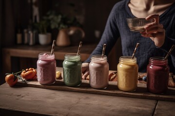 Fototapeta na wymiar Lifestyle photograph featuring drinking smoothies. Generative Ai.