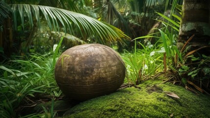 A coconut on a grassy field, surrounded by other tropical plants. Generative AI