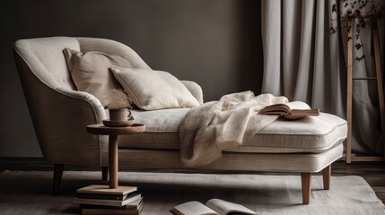 A cozy beige chaise lounge sofa with a soft blanket and a stack of books on the side table. Generative AI