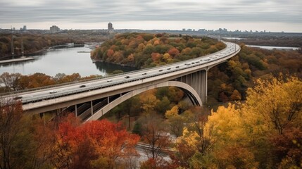 A curving road with a bridge over a river below surrounded by fall foliage. Generative AI