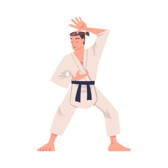 Karate Man Wearing Kimono and Black Belt Practicing Martial Art Vector Illustration