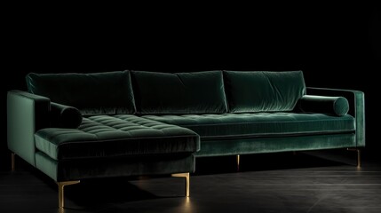 A dark green velvet sectional sofa with gold legs on a black background. Generative AI