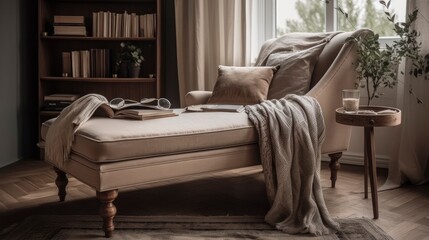 A cozy beige chaise lounge sofa with a soft blanket and a stack of books on the side table. Generative AI