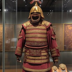 A dark red and gold Hwarang warrior outfit with a metal chest plate and helmet. Generative AI