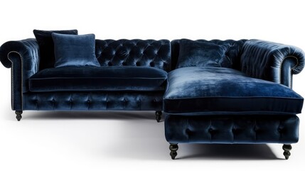 A deep blue velvet sectional sofa on a white background. Generative AI