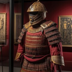A dark red and gold Hwarang warrior outfit with a metal chest plate and helmet. Generative AI