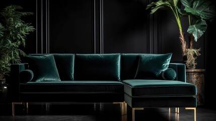 A dark green velvet sectional sofa with gold legs on a black background. Generative AI