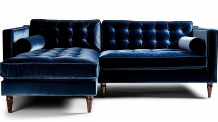 A deep blue velvet sectional sofa on a white background. Generative AI