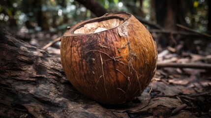 A freshly harvested coconut, still with some dirt on its husk. Generative AI