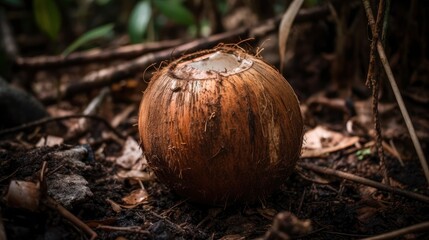 A freshly harvested coconut, still with some dirt on its husk. Generative AI