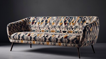 A geometric patterned sofa with black legs on a light grey background. Generative AI