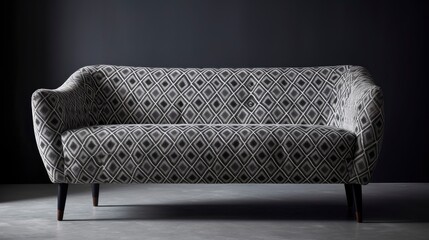 A geometric patterned sofa with black legs on a light grey background. Generative AI