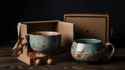 A gift box with a handmade ceramic mug and tea set inside. Generative AI