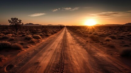 A long, straight road through an empty desert with the sun setting on the horizon. Generative AI