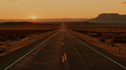 A long, straight road through an empty desert with the sun setting on the horizon. Generative AI