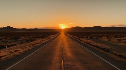 Fototapeta na wymiar A long, straight road through an empty desert with the sun setting on the horizon. Generative AI