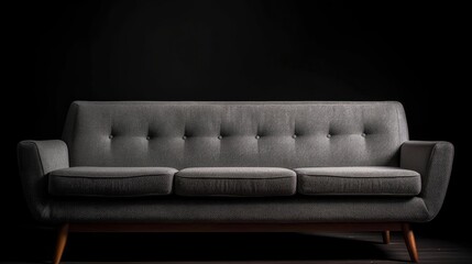 A mid-century modern grey sofa with wooden legs on a black background. Generative AI
