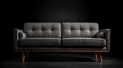 A mid-century modern grey sofa with wooden legs on a black background. Generative AI