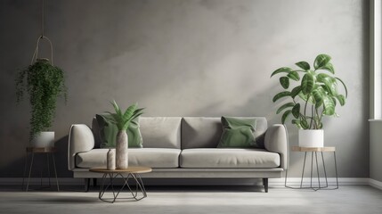 A minimalist grey sofa with a white marble coffee table and a green potted plant in the background. Generative AI