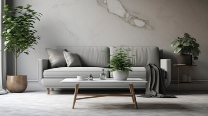 A minimalist grey sofa with a white marble coffee table and a green potted plant in the background. Generative AI