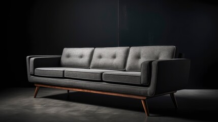 A mid-century modern grey sofa with wooden legs on a black background. Generative AI