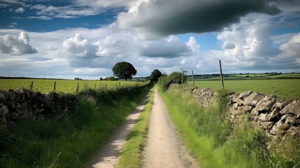 A narrow country road bordered by green fields with a blue sky and fluffy clouds overhead. Generative AI