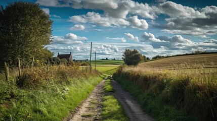 A narrow country road bordered by green fields with a blue sky and fluffy clouds overhead. Generative AI