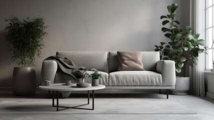 A minimalist grey sofa with a white marble coffee table and a green potted plant in the background. Generative AI