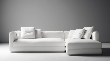 A modern white modular sofa on a light grey background. Generative AI