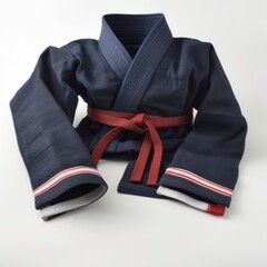 A navy blue and white judo gi with a red and white striped obi belt. Generative AI