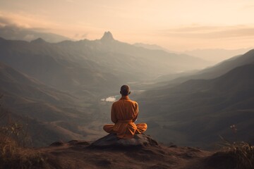 Fototapeta premium Mountain Meditation: A monk doing yoga on a mountaintop with a beautiful landscape in the background. Generative Ai.