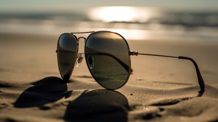 A pair of aviator sunglasses resting on a sandy beach with the ocean in the background. Generative AI