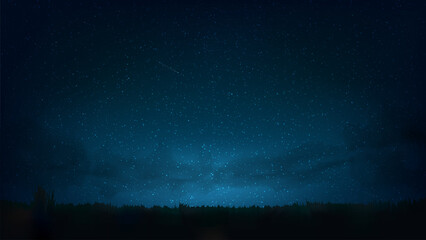 Night shining starry sky, milky way. Dark blue space background with stars, nebula, meteor. Starlight night in nature, cosmos. Meadow, field. Vector illustration © valerybrozhinsky