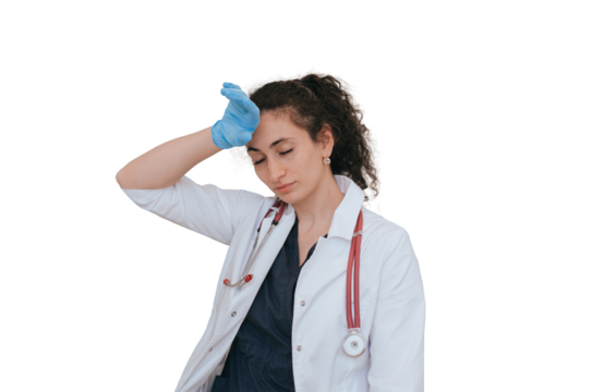 Exhausted female doctor in medical clothes touches temple eyes closed, tired after hard work. Young nurse tired stands against transparent background with hands in  medical gloves.