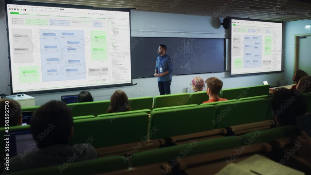 Poster Young University Professor Explaining a Web Development Project to a Group of Diverse Multiethnic Students in a Modern Auditorium. Teacher Showing a Back-End Road-Map on Two Big Screens