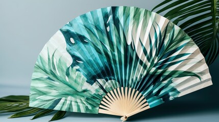 A paper fan with a tropical palm leaf print, perfect for a summer party or beach wedding. Generative AI