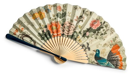 A paper fan with a vintage-inspired bird and flower design, perfect for a garden-themed event. Generative AI