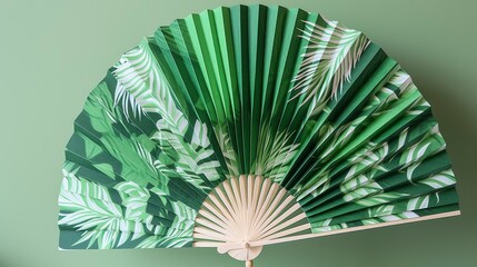 A paper fan with a tropical palm leaf print, perfect for a summer party or beach wedding. Generative AI