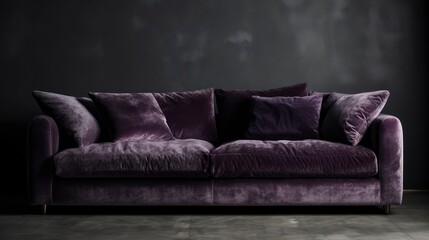 A plush purple velvet sofa on a grey background. Generative AI