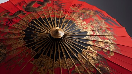A red Chinese paper umbrella with a gold and black phoenix design. Generative AI