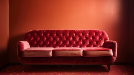 A retro red velvet sofa on a pink background. Generative AI