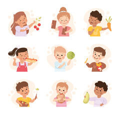 Kid Characters Showing Likes and Dislikes Towards Different Food Vector Set