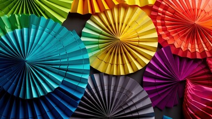 A series of paper fans in rainbow colors, fanned out to create a rainbow effect. Generative AI