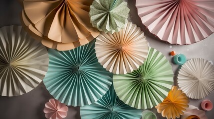 A set of paper fans in pastel colors, perfect for a spring-themed party. Generative AI