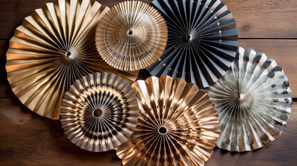 A set of paper fans with a metallic foil finish, perfect for a New Year's Eve party or celebration. Generative AI