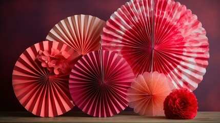 A set of paper fans with different shades of pink and red, creating a beautiful ombre effect. Generative AI